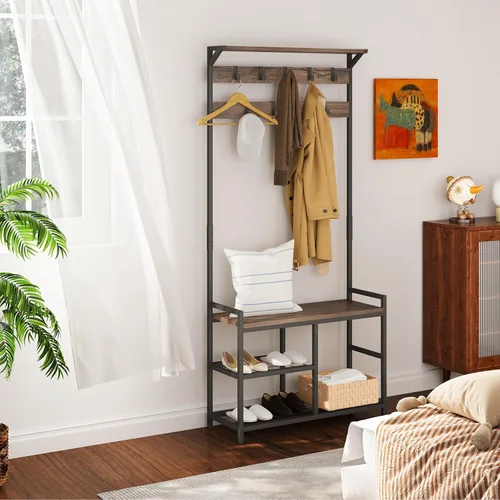 Vista 7 de HOMEKOKO Perchero para zapatos, banco de entrada de árbol de pasillo con almacenamiento, muebles decorativos de aspecto de madera con marco