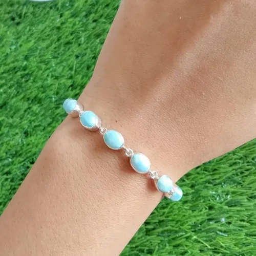 Vista 5 de Pulsera de cadena de eslabones de larimar natural de forma ovalada para mujer, piedra azul 925, hecha a mano, ajustable, pulsera para ella, Piedra