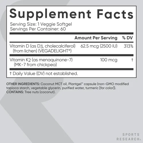 Vista 5 de Sports Research® Vitamina D3 + K2 con aceite de coco, vitamina D vegana 2500iu y vitamina K Mk7 de 100 mcg para apoyo óseo e inmunológico