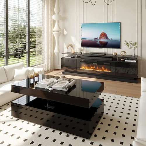 Vista 2 de Juego de Mesa Moderno Incluye Soporte de TV con Chimenea de 70" y Mesa de Centro de 47" con Estación de Carga y Puertos USB, para Sala de Estar