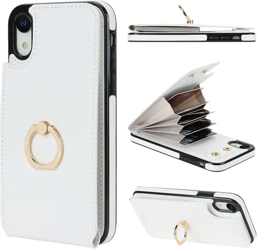 Vista 10 de Folosu Funda compatible con iPhone XR con soporte para tarjetas, rotación de 360°, soporte de anillo de dedo con función atril, bloqueo RFID, piel