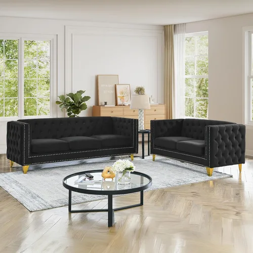 Vista 17 de JEEOHEY Juego de Sofás Chesterfield de 2, Sofá Moderno de Terciopelo con Capitoné y Ribete de Tachuelas, Sofá Tapizado de Asiento Profundo, Sofá