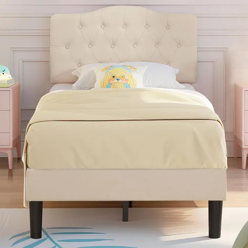 VECELO Base de cama de plataforma de tamaño individual con cabecera tapizada de tela y soporte de listones de madera, no necesita somier/fácil