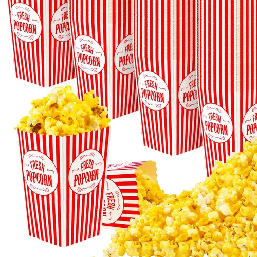 Stock Your Home Paquete de 50 cajas de palomitas de maíz desechables de cine a rayas rojas y blancas, capacidad de 30 onzas, caja de aperitivos