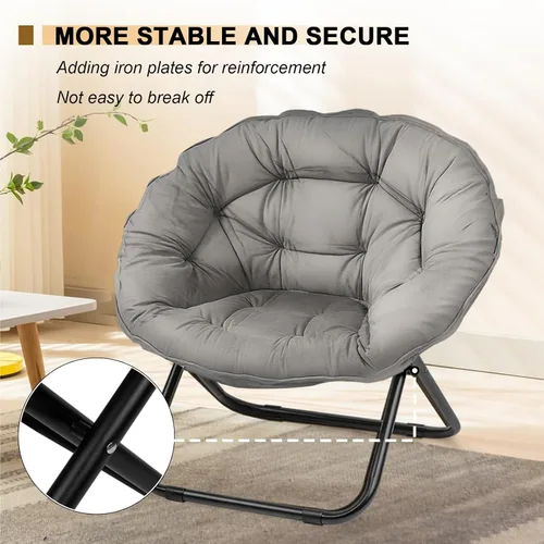 Vista 4 de Silla plegable con platillo, silla Lazy Moon con marco de metal, cómodas sillas de dormitorio para dormitorio, sala de estar, estudio, gris JC
