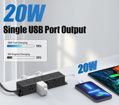 Vista 2 de Regleta de alimentación de carga rápida de 40 W para debajo del escritorio con interruptor, regleta de alimentación montable de 12 salidas con 4