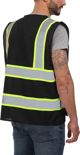 Vista 2 de Dib Safety Chaleco reflectante de alta visibilidad con bolsillos y cremallera, negro con ribete amarillo, talla S