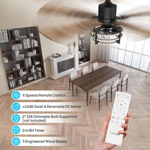Vista 2 de Consciot - Ventilador de techo bohemio con luces y control remoto, de 52 pulgadas, ventilador de techo enjaulado estilo casa de campo, con 5 aspas
