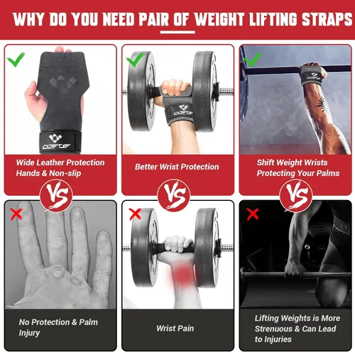 Vista 4 de COFOF - Correa de muñeca para levantamiento de pesas, correa de muñeca de doble capa de cuero para peso muerto y levantamiento de potencia, ganchos