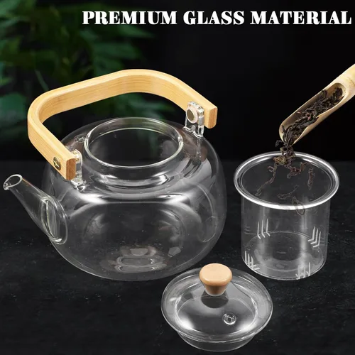 Vista 3 de Tetera de vidrio con infusor, hervidor de té seguro para estufa de 34 onzas para hojas sueltas, teteras de borosilicato para hervir agua, olla
