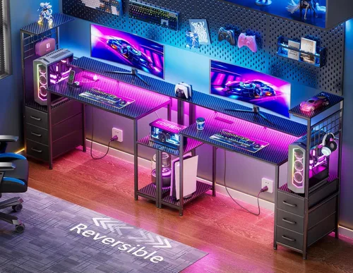 Vista 2 de Korfile - Escritorio para juegos de 48 pulgadas con luces LED y tomas de corriente, escritorio para computadora con cajones de tela y gancho