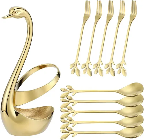 Vista 6 de AnSaw - Juego de 10 piezas de cucharas y tenedores mini de color oro rosa, 4.7" - Acero inoxidable, mango de hojas, ideal para café, té, aperitivos