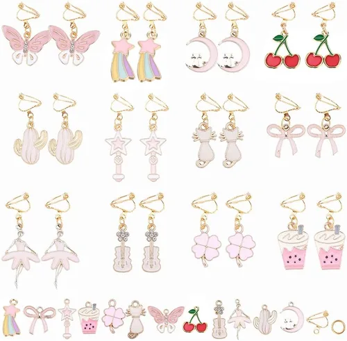 SUNNYCLUE 1 caja de 12 pares de aretes de clip con temática rosa, kit de fabricación de aretes para adultos y mujeres, suministros de fabricación de