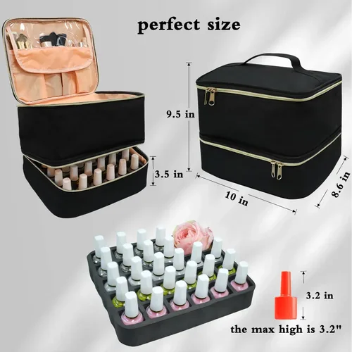 Vista 2 de Organizador de esmalte de uñas, bolsa organizadora de suministros de uñas de doble capa con capacidad para 30 botellas y lámpara de uñas, estuche