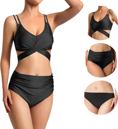 Vista 2 de OWICA Conjunto de bikini de cintura alta con efecto push up, traje de baño de 3 piezas ajustable con control de abdomen para mujer, parte delantera