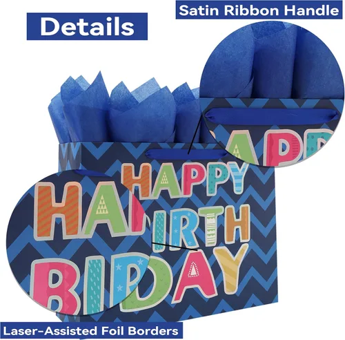 Vista 4 de Juego de bolsa de regalo de cumpleaños azul extragrande de 16.5 pulgadas con asas, tarjeta de felicitación, papel de seda y calcomanías