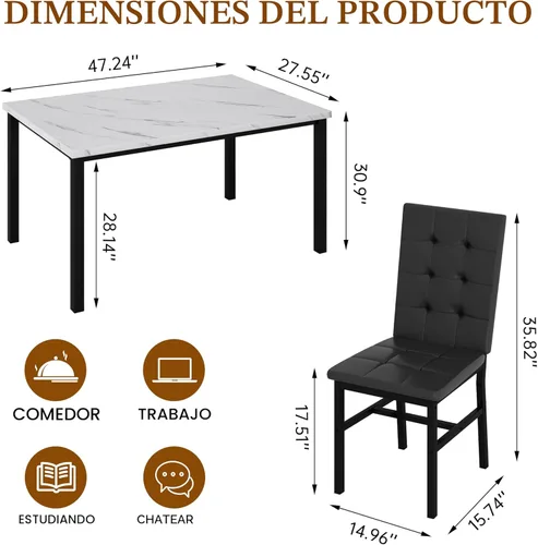 Vista 2 de Juego de mesa de comedor AWQM para 4, juego de mesa y sillas de cocina de mármol sintético de 4 piezas, juego de mesa de comedor moderno para 4