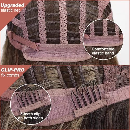 Vista 6 de Pelucas marrones con fleco, mezcla de negro y marrón, peluca larga ondulada para mujer, pelucas largas y rizadas de pelo sintético para fiestas