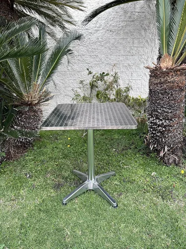 Vista 9 de BTEXPERT Mesa cuadrada de restaurante para interiores y exteriores, 23.75 pulgadas, muebles de aluminio plateado de acero inoxidable con base