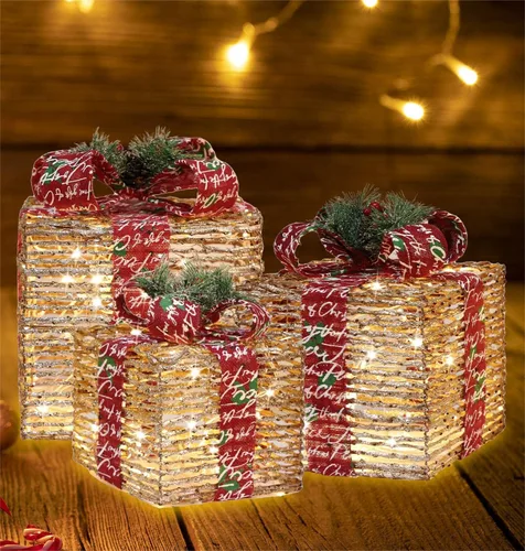 Vista 10 de [Juego grande de 3 cajas decorativas de regalo iluminadas de Navidad de 10"x8.5"x6.5", con 70 LED súper brillantes pre-iluminados con intermitentes