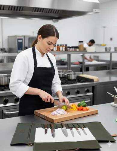 Vista 9 de EVERPRIDE Impresionante bolsa de lona encerada en verde oscuro intenso con ribete de cuero genuino. Bolsa de rollo de cuchillo de chef profesional