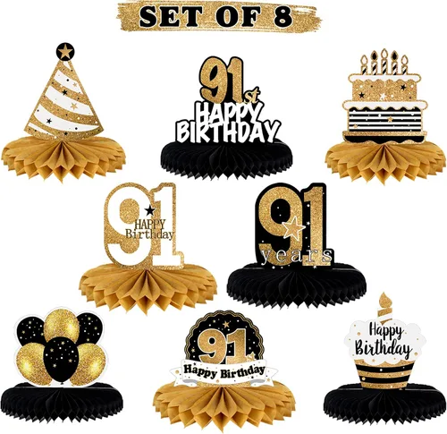 Vista 13 de LINGTEER Decoración de mesa de papel para pastel de 10 cumpleaños, color negro y dorado - Juego de 8 piezas, globos de estrella de pastel, centro
