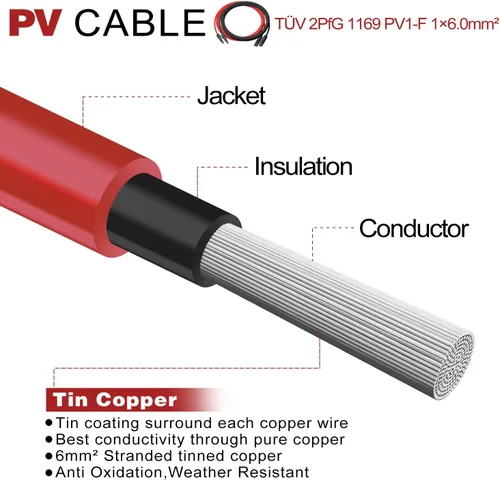 Vista 7 de Cable de extensión solar de 6 pies 10 AWG con conector hembra y macho, kit de adaptador de cable de panel solar (6 pies rojo + 6 pies negro)