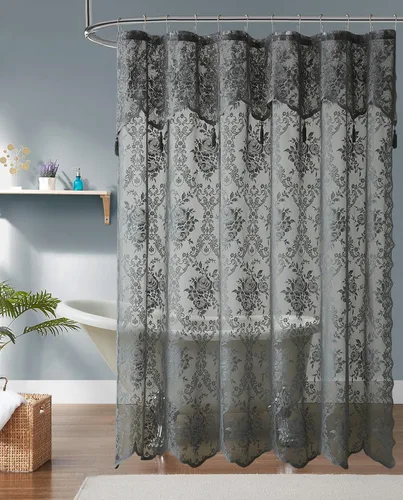 Vista 11 de Warm Home Designs Cortina de Ducha para Cabina Negra de 36 x 72 Pulgadas con Cenefa Adjunta y 4 Borlas. Cortina de Ducha Pequeña de Encaje de Lujo