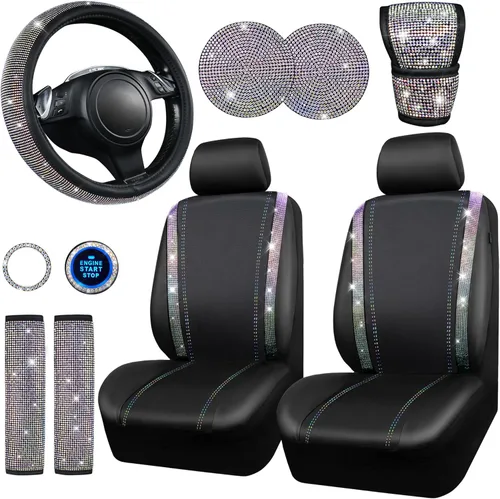 Vista 22 de CAR PASS Juego de fundas de asiento de coche con diamantes brillantes de 11 piezas, accesorios de coche con diamantes brillantes para mujer, funda