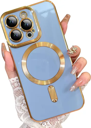 Vista 26 de OOK Magnatic Funda para iPhone 15 Pro Max [compatible con MagSafe] protector completo de lente de cámara con borde electrochapado dorado, TPU suave