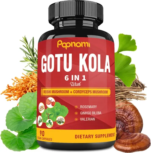 Cápsulas de extracto orgánico de Gotu Kola con Reishi, Cordyceps, romero, gingko biloba y raíz de valeriana, 90 unidades durante 3 meses, apoya la