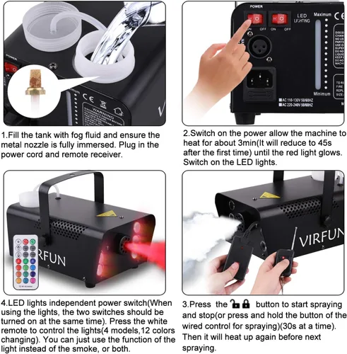 Vista 4 de Máquina de niebla, 6 luces LED con efecto de 12 colores, máquina de humo de VIRFUN con control remoto inalámbrico y con cable para fiestas