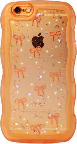 Vista 116 de Qokey para iPhone 14 Plus Funda de 6.7" con diseño de borde ondulado rizado, transparente, con purpurina, brillo, estrellas, brillante, lindo
