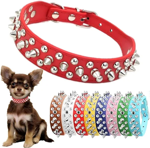 Vista 8 de Collar de perro con púas para perros pequeños, a prueba de masticación, collar de púas para perros y gatos, de piel sintética, con remaches