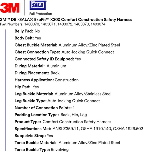 Vista 3 de 3M 1403073 DBI-SALA ExoFit X300 Arnés de seguridad de construcción cómodo, protección contra caídas, OSHA, ANSI, anillo en D trasero de aluminio