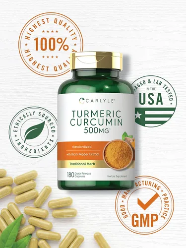 Vista 6 de Carlyle Suplemento de curcumina de cúrcuma 180 cápsulas con extracto de pimienta negra Sin OMG y sin gluten