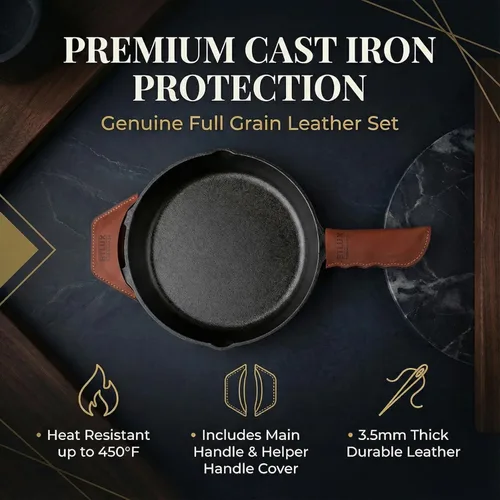 Vista 2 de Orgullosamente fabricado en Georgia con cuero de grano completo - Funda de mango de hierro fundido de cuero, juego de 2 - Funda de mango de hierro