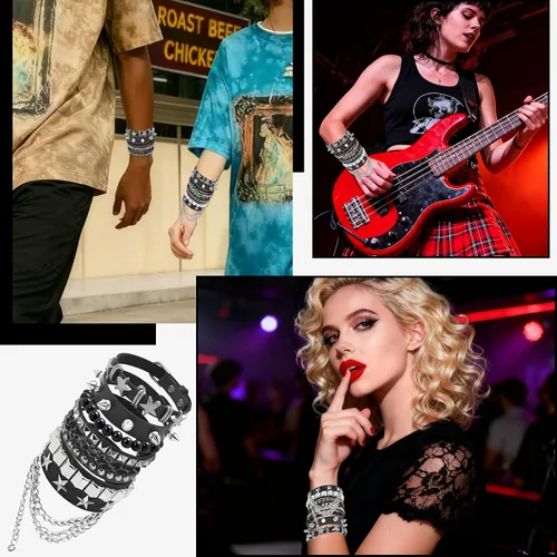 Vista 5 de ZLFSRQ Pulseras Emo Punk Rock Studded Pulsera para Mujeres Hombres Gótica Cuero Spiked Pulseras Emo Accesorios de Joyería