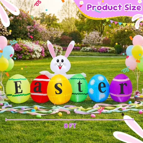 Vista 2 de Conejito inflable de Pascua de 8 pies de largo con huevos, luces LED integradas, decoración de conejo inflable para interiores y exteriores, patio