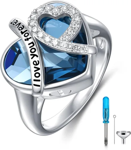 AOBOCO Anillo de cremación de corazón de plata de ley 925 con texto en inglés "I LOVE YOU FOREVER" para cenizas de seres queridos, anillo de urna de