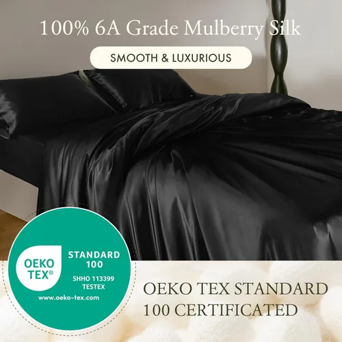 Vista 2 de LilySilk Juego de sábanas bajeras de 3 piezas, 100% seda de morera grado 6A, 2 fundas de almohada y 1 sábana bajera, bolsillo profundo de 16 Negro