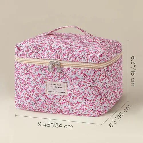 Vista 12 de HBselect Bolsa de Maquillaje Acolchada, Bolsa de Maquillaje Grande de Algodón para Viaje, Lindas Bolsas de Maquillaje con Flores Coquette, Bolsas