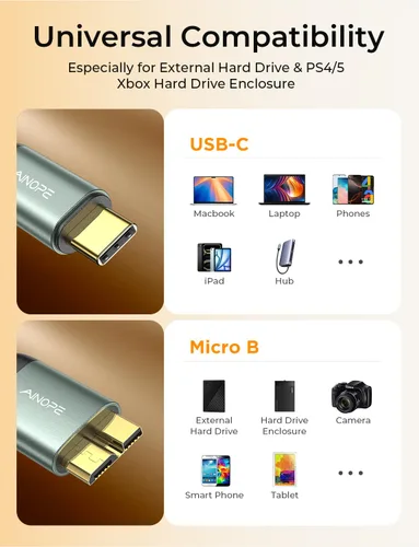Vista 5 de AINOPE Cable de disco duro externo de 10 Gbps Micro B a USB C para disco duro externo USB C a Micro B, cable trenzado de nailon para MacBook