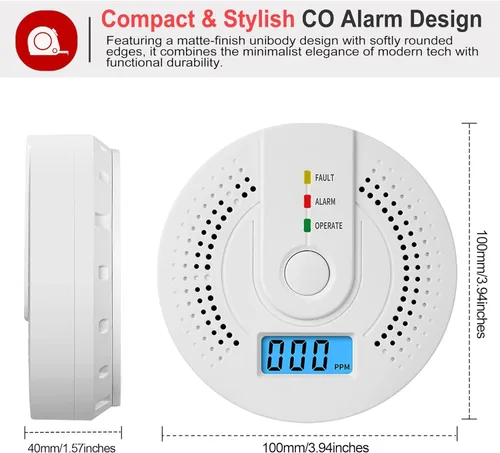 Vista 5 de Detector digital de monóxido de carbono con pantalla LCD y advertencia de sonido, indicadores de falla/alarma/funcionamiento, funciona con pilas AA