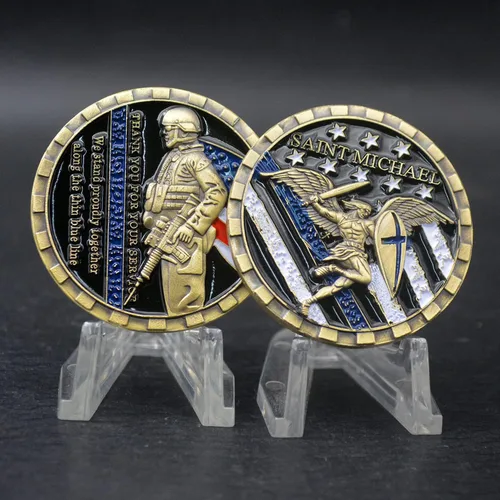 Vista 3 de Glamtune EEUU Policía Policía Oficial Challenge Coin Saint Michael Thin Blue line Oración Militar Moneda