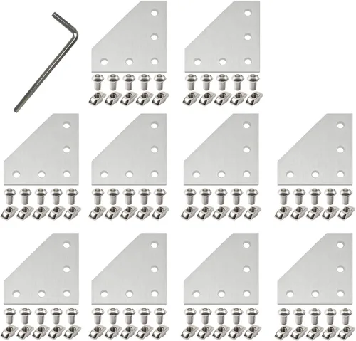 Vista 15 de 10 piezas 2020 placa de unión de soporte de esquina en forma de L, conector de extrusión de aluminio de 5 agujeros con 50 tuercas en T, 50 tornillos