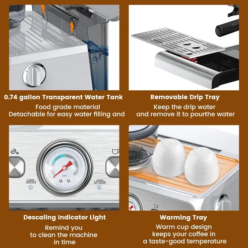 Vista 5 de Máquina de café expreso con molinillo integrado, cafetera profesional de 15 barras con espumador de leche, cafetera espresso de acero inoxidable
