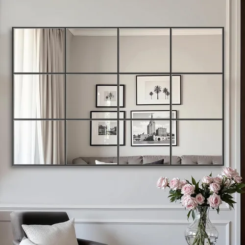 Vista 17 de Suidia Espejo de pared, espejos decorativos de ventana de 24 x 36 pulgadas, marco de metal, decoración de pared para dormitorio, sala de estar, Negro