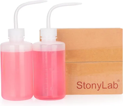 Vista 6 de stonylab Botella de lavado químico, paquete de 2 botellas de plástico para lavado de laboratorio de seguridad, LDPE con boca estrecha, 8.5 fl oz