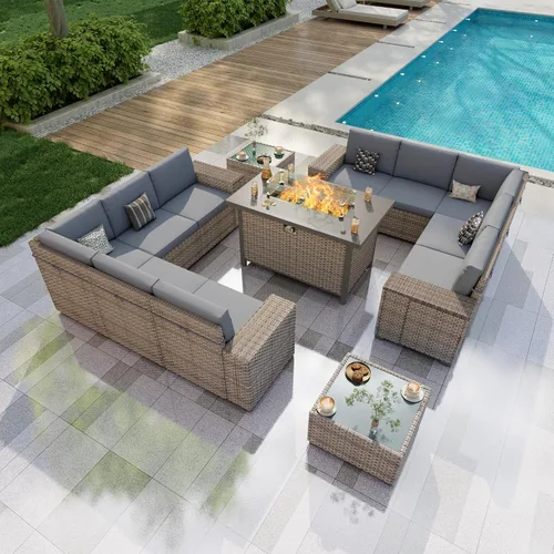 Vista 20 de Juego de muebles de patio de 6 piezas, sofá modular para exteriores con reposabrazos anchos, sofá de grupo de asientos de mimbre con mesa auxiliar